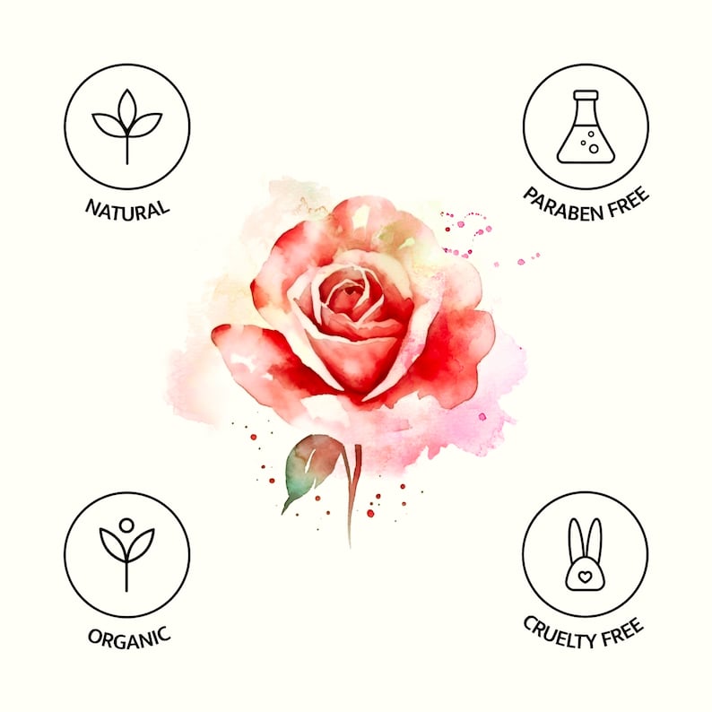 May include: Watercolor illustration of a red rose with green leaves, surrounded by circular icons. The icons read "Natural", "Paraben Free", "Organic", and "Cruelty Free". The rose has a pink and red watercolor effect.