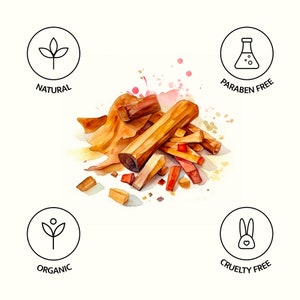 May include: A watercolor illustration of sandalwood sticks, with a white background and four icons indicating that the product is natural, organic, cruelty-free, and paraben-free.