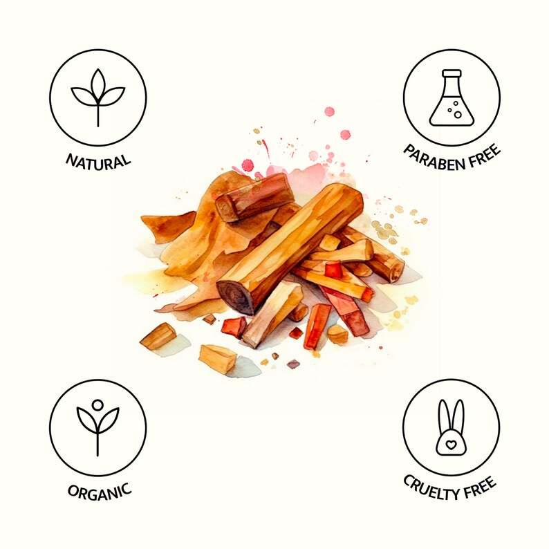 May include: A watercolor illustration of sandalwood sticks, with a white background and four icons indicating that the product is natural, organic, cruelty-free, and paraben-free.