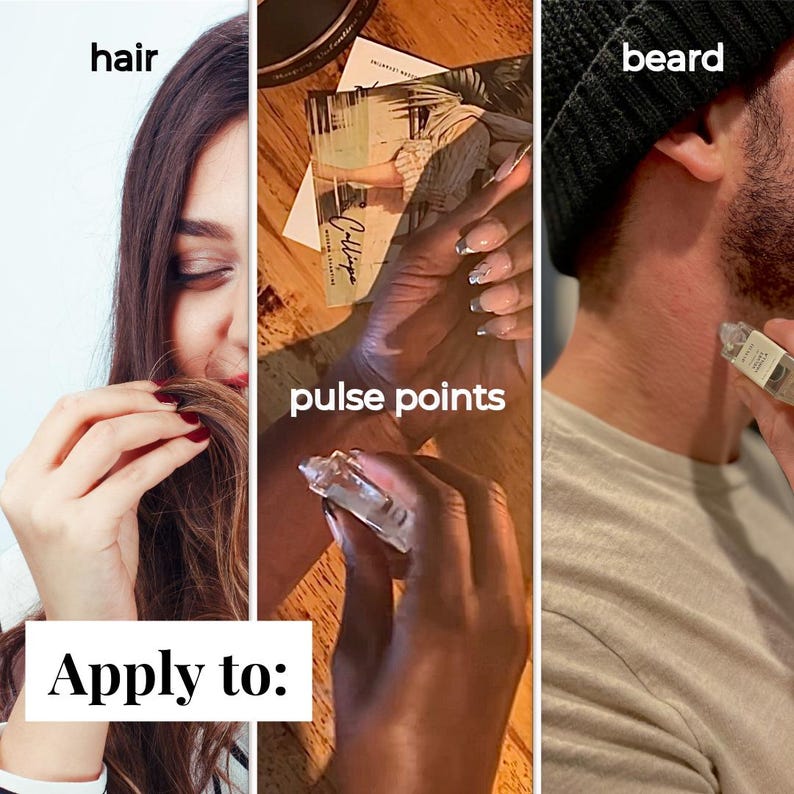 May include: A clear glass perfume bottle is held near a person's neck, wrist, and hair. The text "Apply to: hair, pulse points, beard" is displayed. The bottle has a silver cap and a light-coloured liquid inside.