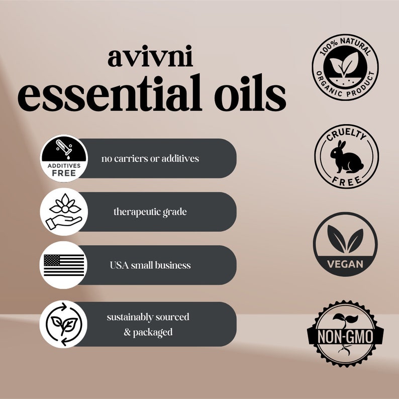 May include: An advertisement for "avivni essential oils" with text and icons. The text includes "no carriers or additives," "therapeutic grade," and "USA small business." Icons indicate the product is organic, cruelty-free, vegan, and non-GMO.