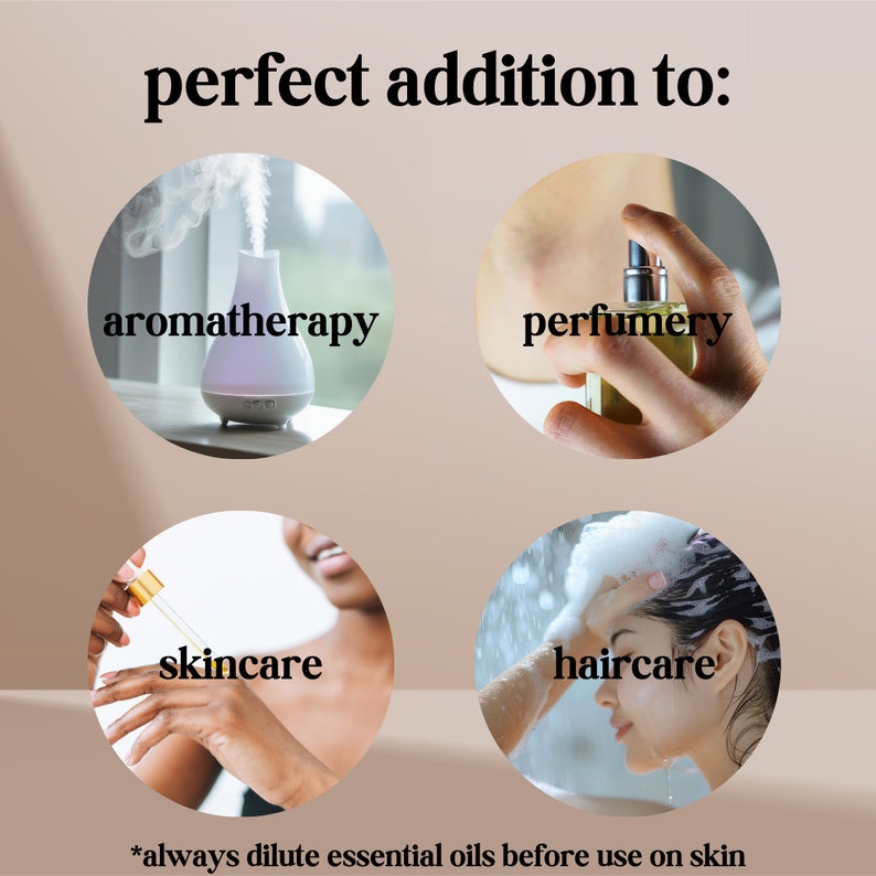 May include: A graphic showing four different ways to use essential oils: aromatherapy, perfumery, skincare, and haircare. The text *always dilute essential oils before use on skin* is at the bottom of the image.