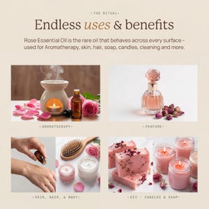 May include: An advertisement for rose essential oil, showcasing its uses in aromatherapy, perfume, skincare, and DIY projects. The image features a diffuser, a perfume bottle, soaps, candles, and other related items. Text reads "Endless uses & benefits."