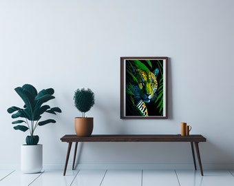 Digital Art: Jaguar Peering Through Palm Leaves, Jaguar in Rainforest, Digital Art Print, Jaguar in Green Jungle