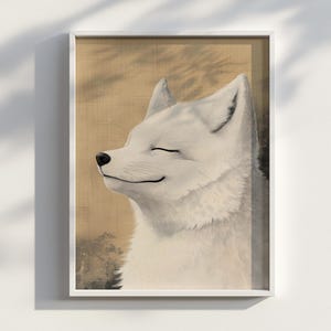 Ukiyo-e Style White Fox Wall Art Print, Japanese Zen Fox Illustration, Minimalist Animal Decor Digital Download Poster, Arctic Fox Portrait