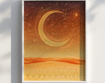 Lámina de luna creciente dorada / Póster geométrico de cielo desértico / Descarga digital