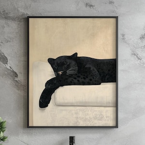 Impresión digital de pantera negra Ukiyo-e, decoración de pared de grandes felinos en estilo artístico japonés, ilustración minimalista de vida salvaje, póster acogedor de animales, arte moderno