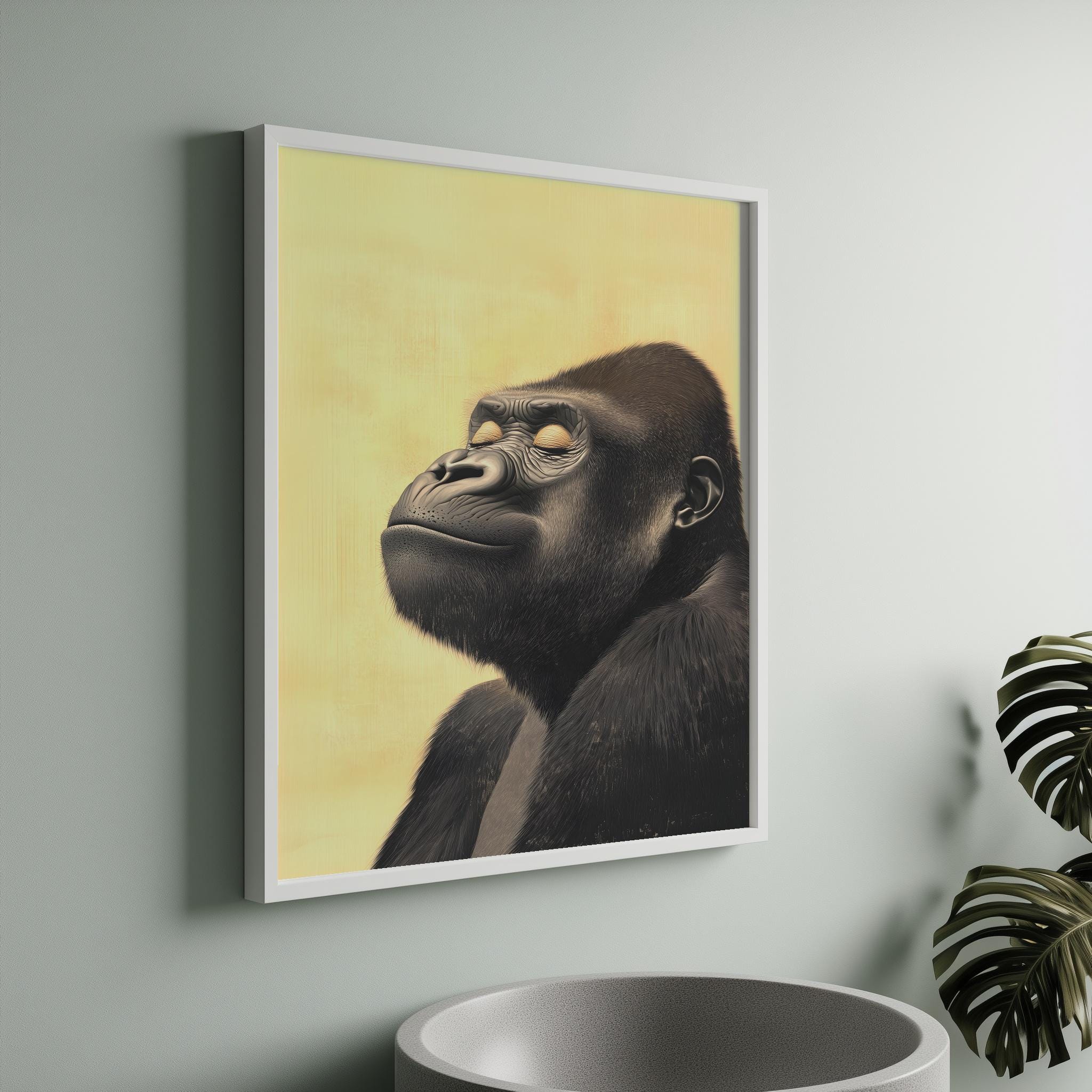思慮深いゴリラの木版画風肖像画、アジア風猿のポスター、印刷可能な