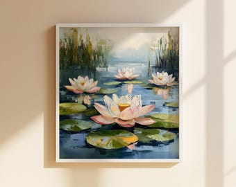 May include: A painting of four white water lilies with pink centers, floating on a pond with green lily pads. The water lilies are surrounded by green reeds and the background is a blue sky with white clouds.