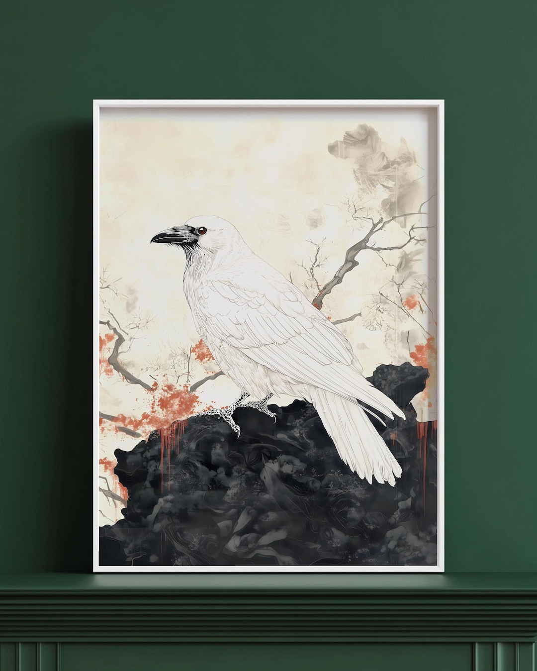 日本の白いカラスの木版画風絵画｜神秘的なアルビノのワタリガラスの
