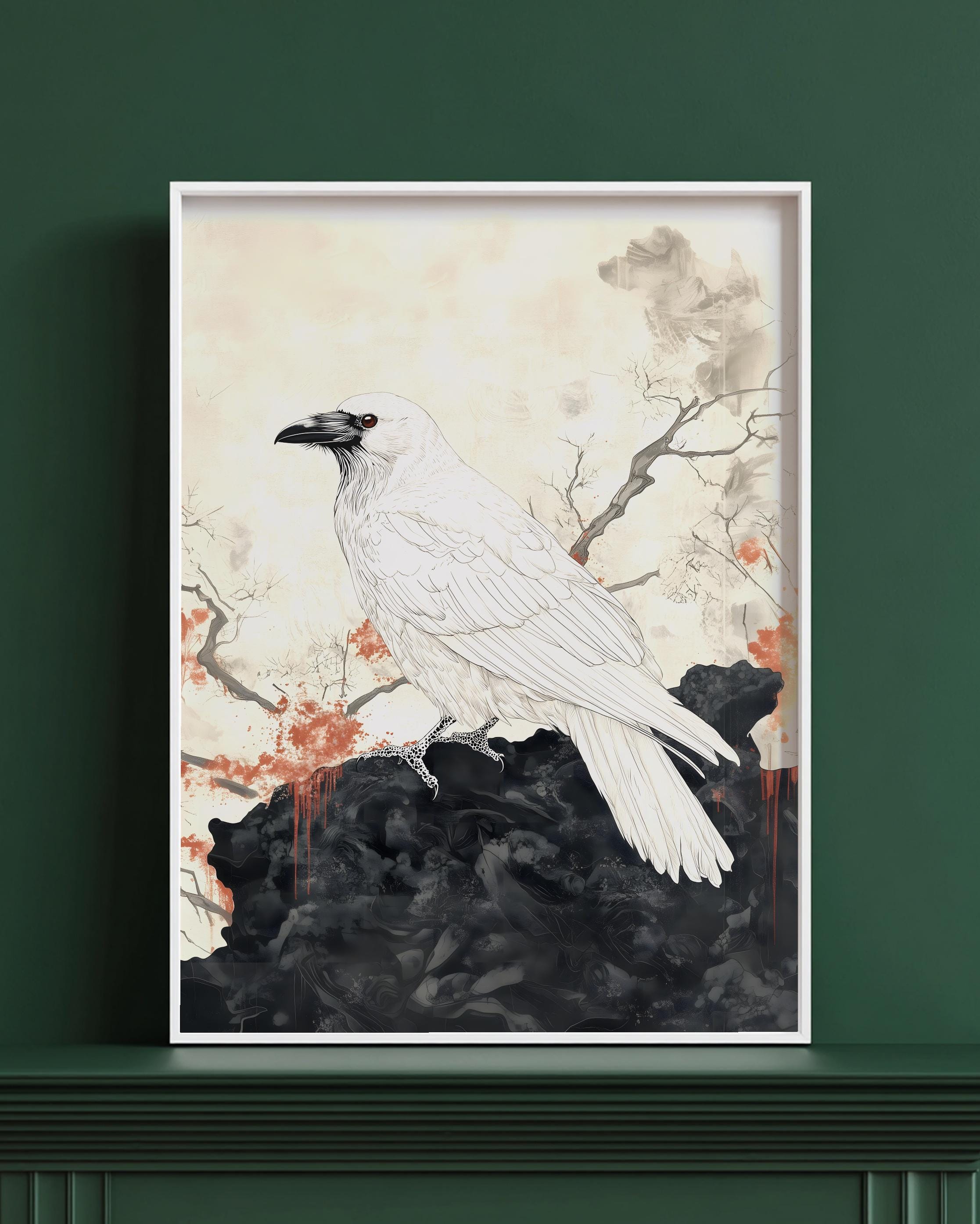 日本の白いカラスの木版画風絵画｜神秘的なアルビノのワタリガラスの