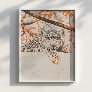 Amberclimb – Orange Lithograph of a Snow Leopard, Vintage Minimal Wildlife Art Print, Bold Big Cat Wall Decor, Digital Download