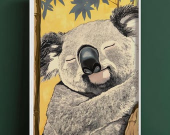 笑顔のコアラの木版画イラスト、黄色い和風動物ポスター、印刷可能な