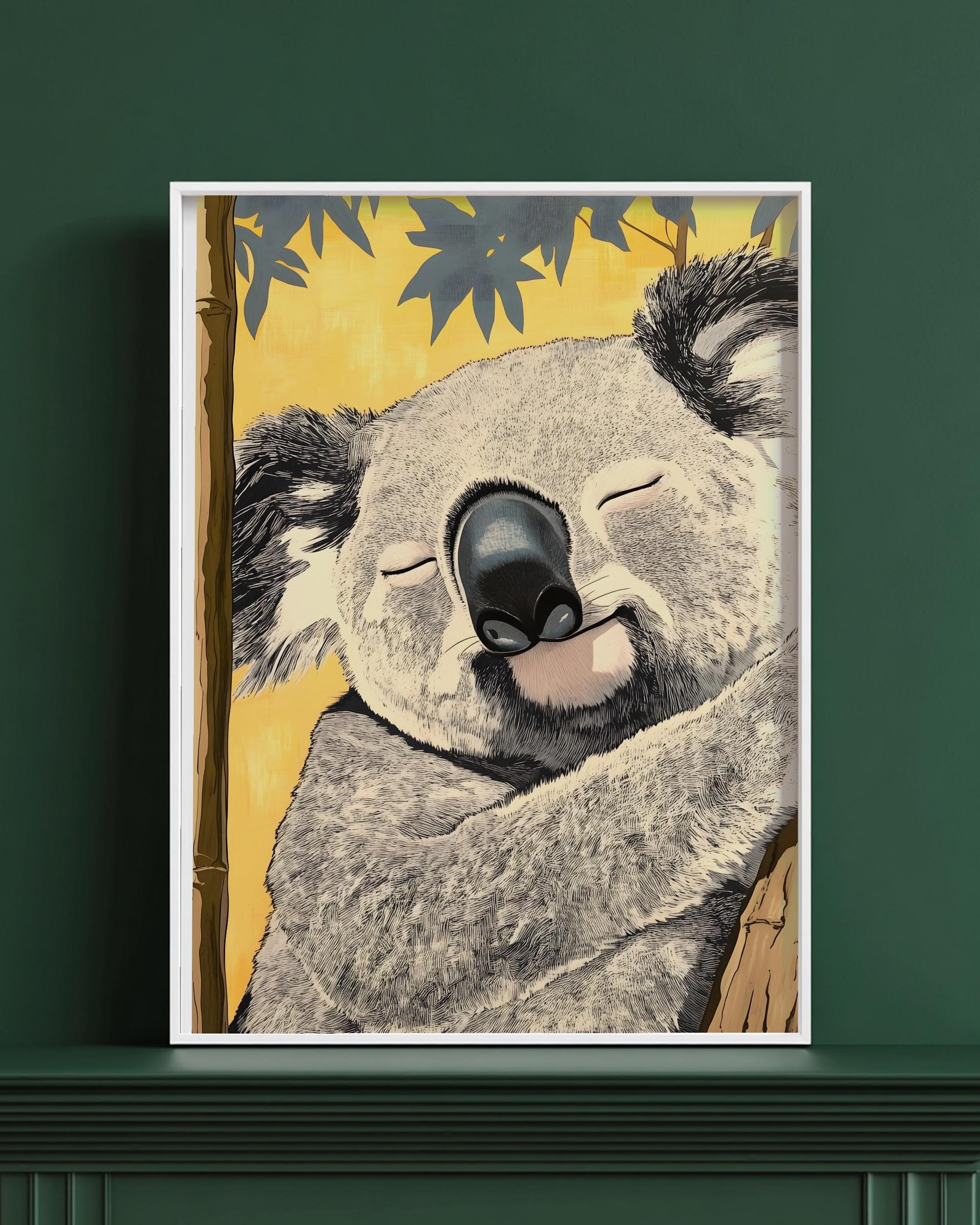 笑顔のコアラの木版画イラスト、黄色い和風動物ポスター、印刷可能な