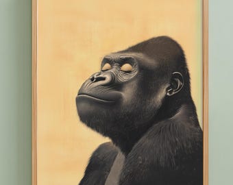 思慮深いゴリラの木版画風肖像画、アジア風猿のポスター、印刷可能な