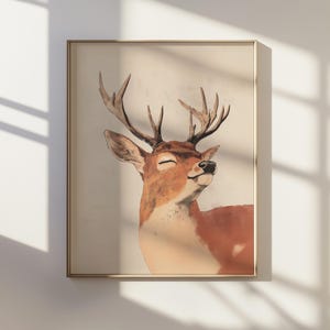 Retrato de ciervo feliz en estilo ukiyo-e: arte en tinta japonesa de ciervos alegres, arte animal inspirado en la naturaleza para la decoración del hogar, regalo único de vida silvestre