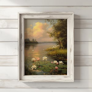 Goldene Spiegelungen | Wasserlilie Digitale Kunst | Ruhige Teichlandschaft Gemälde | Von der Natur inspiriertes Dekor | Sofort Download