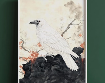 白鴉の日本画、アジアのワタリガラスの墨絵イラスト｜デジタル