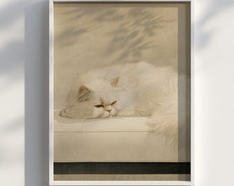 Persian Cat Ukiyo-E Art | Japanese Woodblock Fluffy Feline Portrait | Whimsical Maximalist Cat Wall Print | Digital Download