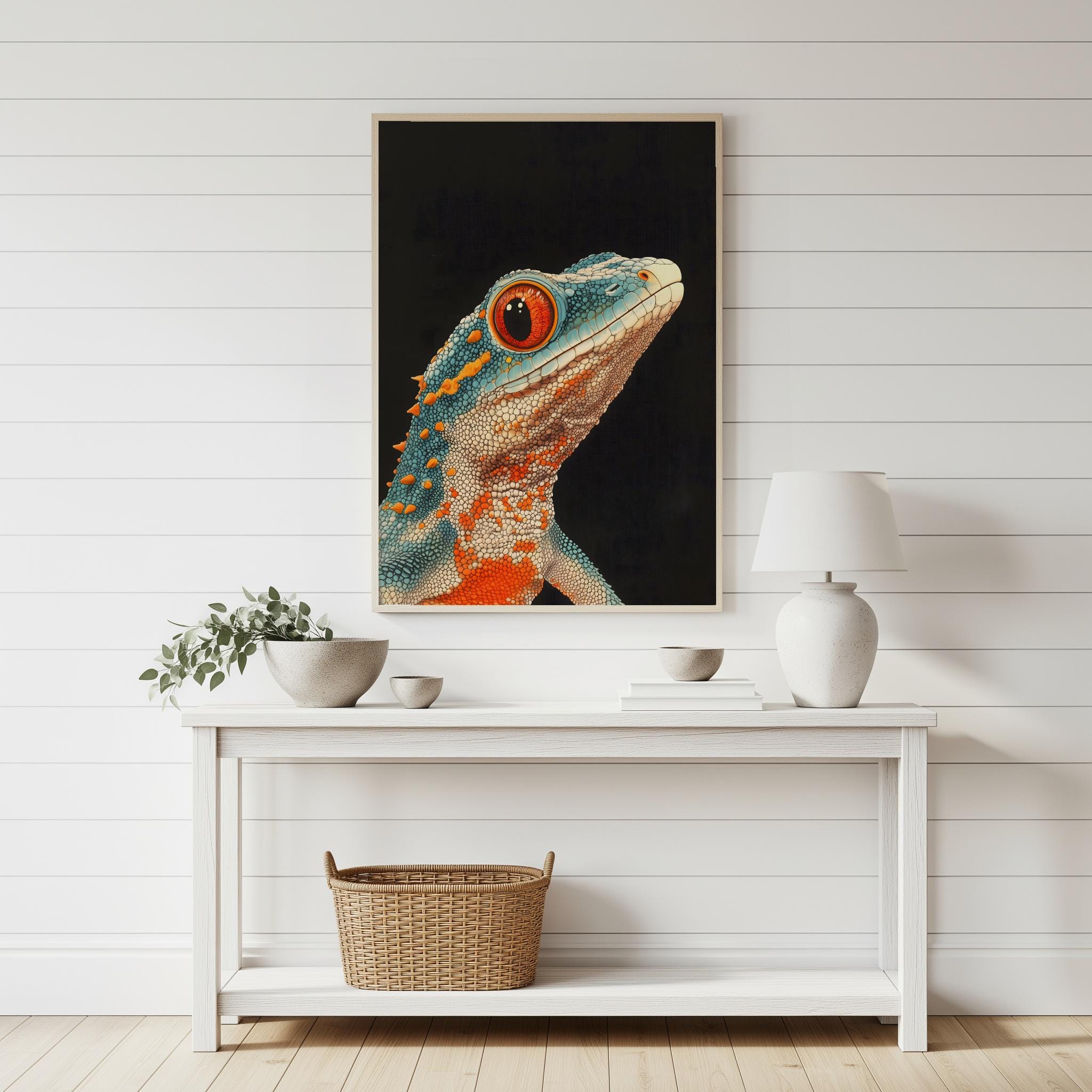 日本の浮世絵ヤモリの木版画、カラフルなトカゲの肖像画、かわいい