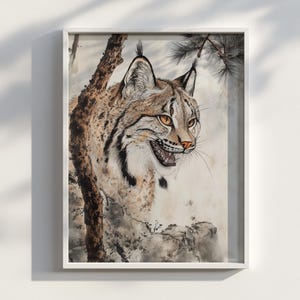Lynx Ukiyo-e Art Print: Japanese Brushwork Animal Portrait (Digital Download)