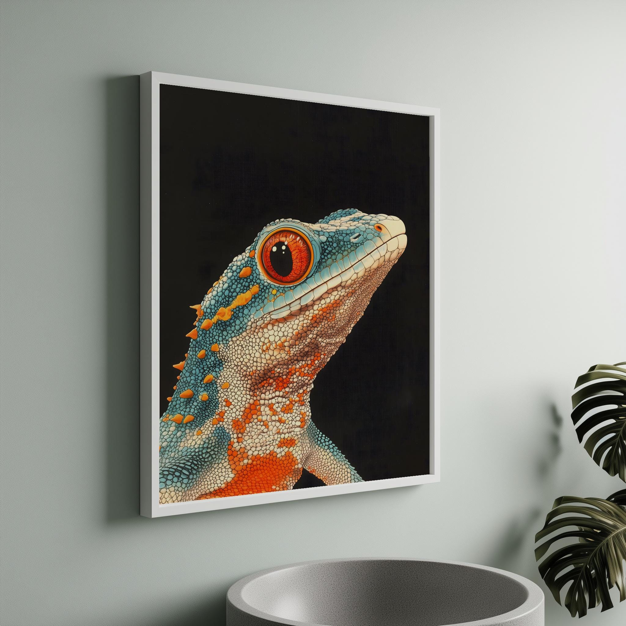 日本の浮世絵ヤモリの木版画、カラフルなトカゲの肖像画、かわいい