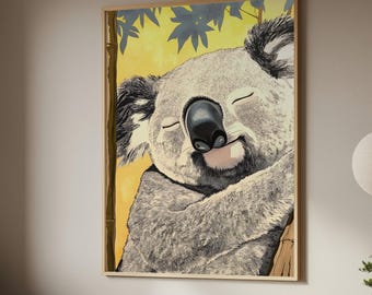 笑顔のコアラの木版画イラスト、黄色い和風動物ポスター、印刷可能な