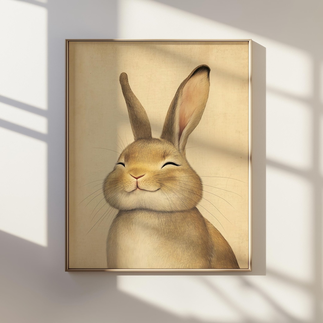 笑顔のうさぎの肖像画、ヴィンテージ風うさぎのイラスト｜浮世絵風