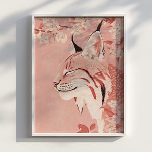 Ukiyo-e Lynx Print: Japanese Zen Decor, Pink Illustration