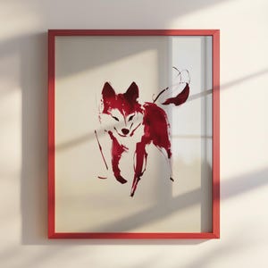 Dipinto a inchiostro rosso di un cane Sumi-e - Arte minimalista giapponese con inchiostro giocoso, decorazione per il capodanno cinese dello zodiaco, arte murale moderna, regalo per gli amanti dei cani