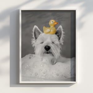 May include: A white dog with its eyes closed is in a bubble bath with a yellow rubber duck on its head.