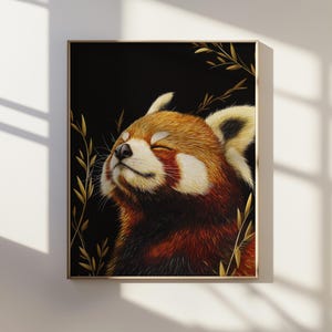 Impresión digital de panda rojo estilo ukiyo-e, arte mural de vida salvaje japonesa, póster de animales imprimible, decoración de naturaleza bohemia, obra de arte zen minimalista