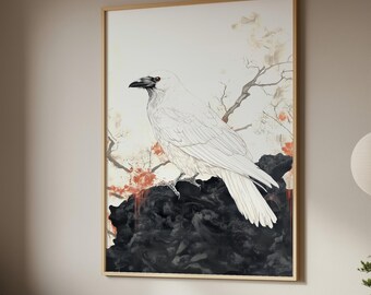 白鴉の日本画、アジアのワタリガラスの墨絵イラスト｜デジタル