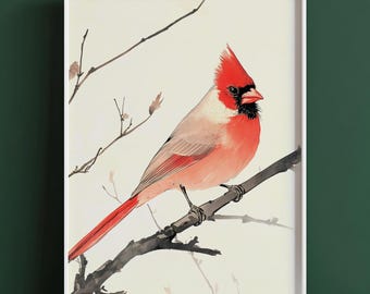Japanese Brush Cardinal Painting | Red Bird Watercolor Poster | Digital Download