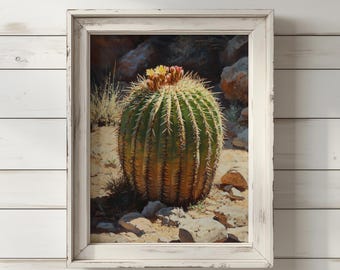 Barrel Cactus Desert Art Southwestern Botanical | Rustic Arizona Landscape Painting | Downloadable Poster