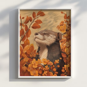 Impresión de arte mural de turón ukiyo-e con flores otoñales, ilustración animal de estilo japonés, póster de turón zen, descarga digital