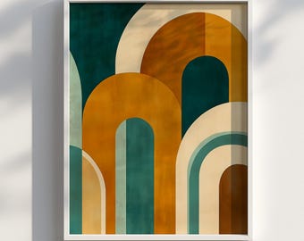 Könnte beinhalten: Abstrakter Kunstdruck mit geometrischem Design, das sich aus überlappenden Bögen in den Farben Teal, Gold und Creme zusammensetzt.