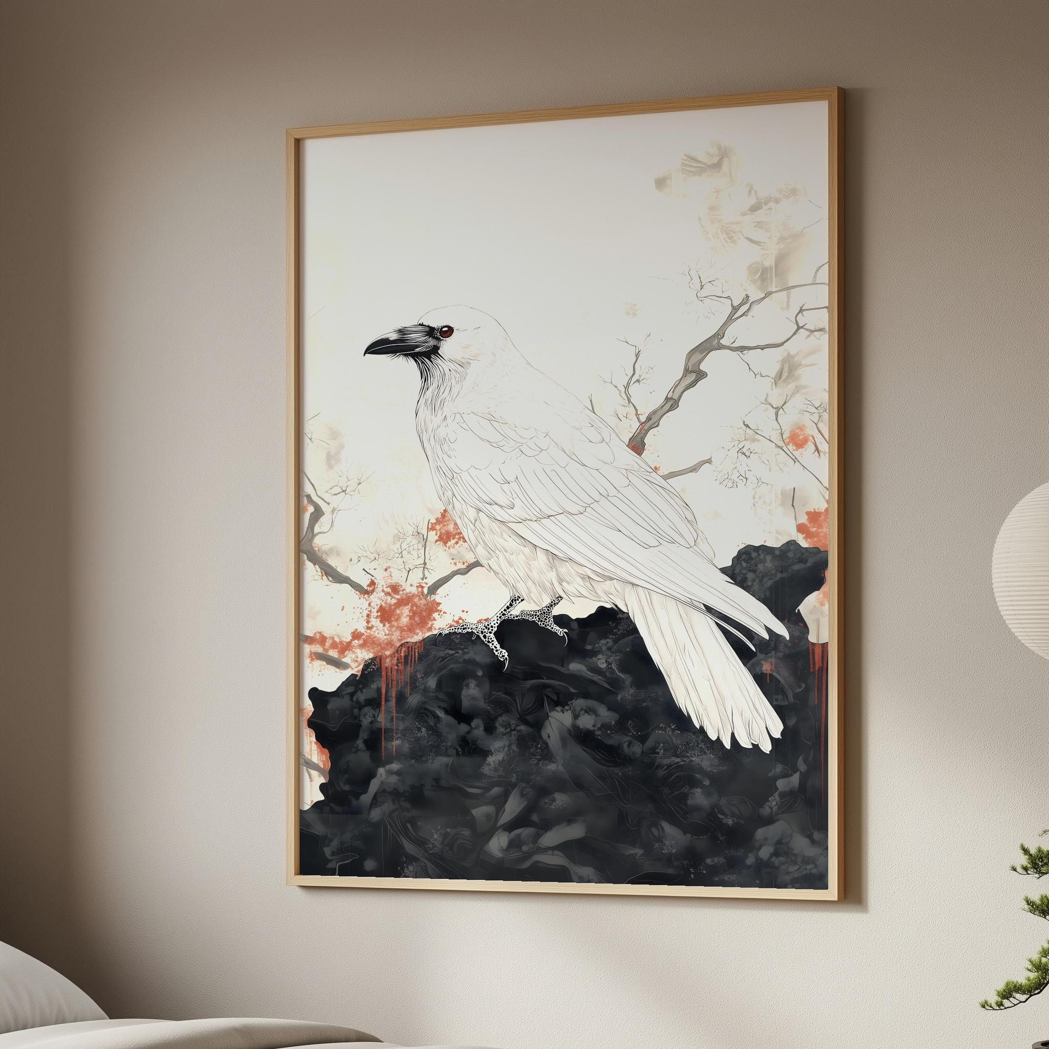 日本の白いカラスの木版画風絵画｜神秘的なアルビノのワタリガラスの