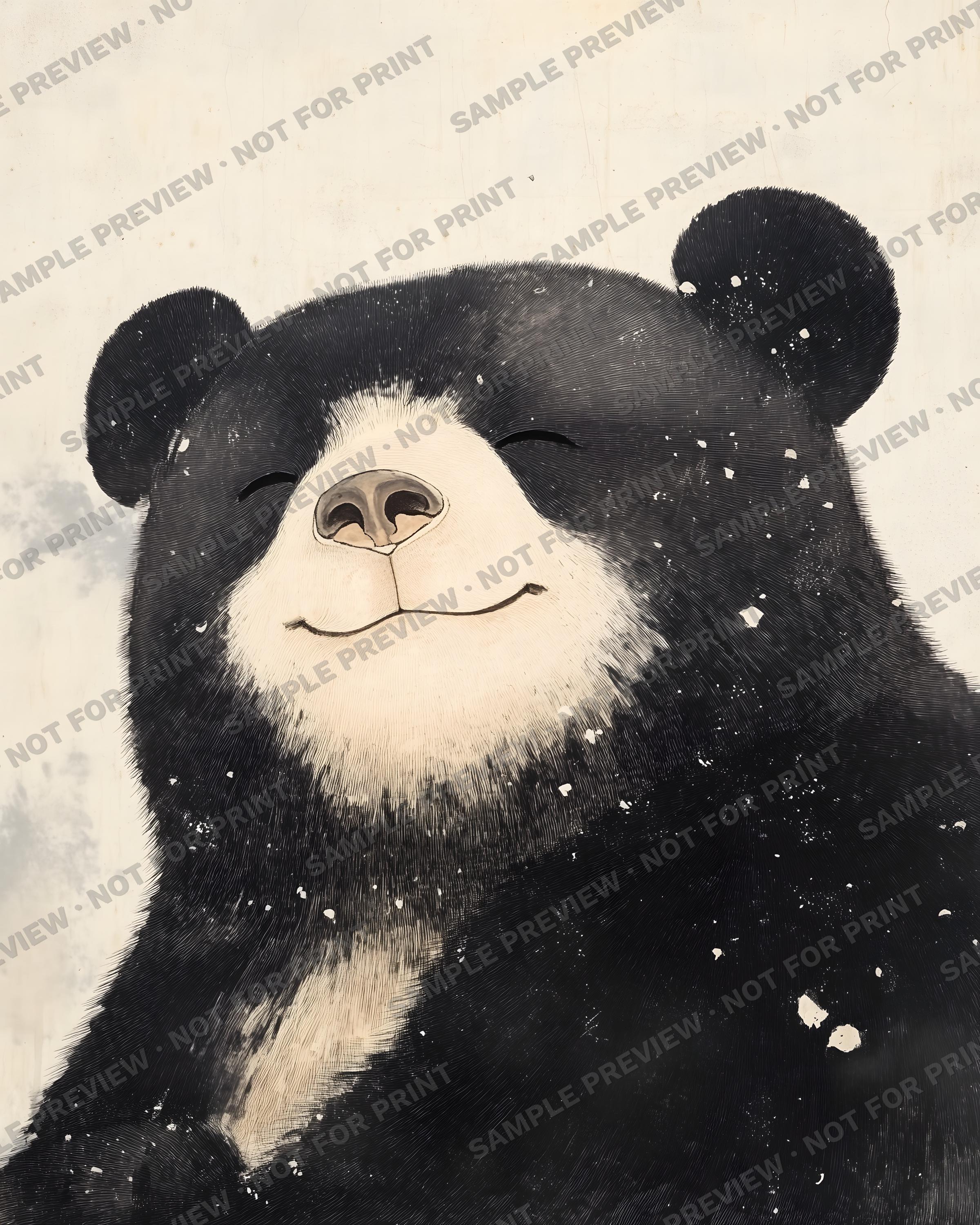 和風の笑顔の熊の木版画イラスト、穏やかな森の動物ポスター｜デジタル