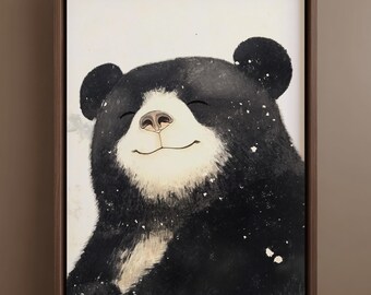 和風の笑顔の熊の木版画イラスト、穏やかな森の動物ポスター｜デジタル