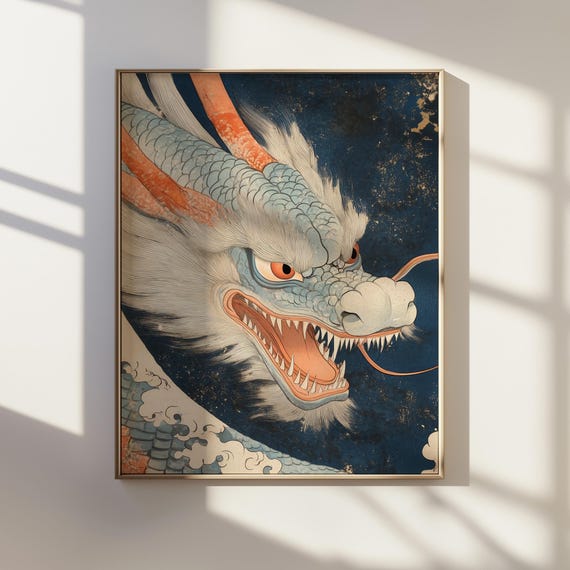 浮世絵龍の肖像：日本の水墨画｜コーヒーウォールアート｜トレンディな