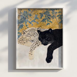 静かな仲間たち – 浮世絵「雪と黒豹のお昼寝」、日本の墨絵による大型猫アート、陰陽動物肖像画、デジタル壁掛けプリント