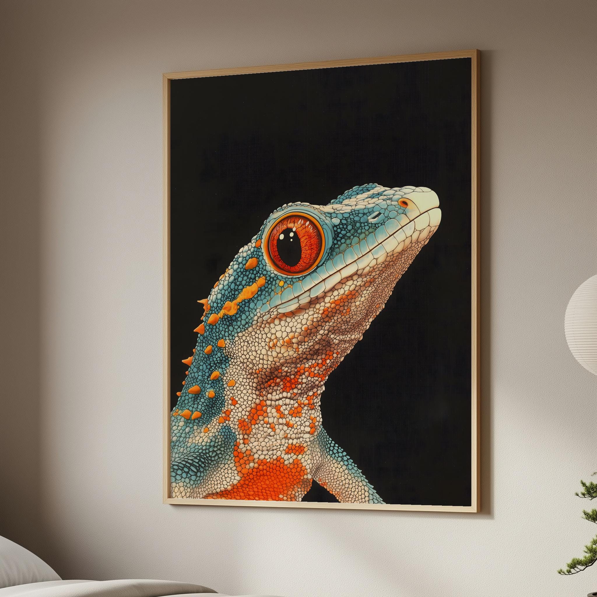 日本の浮世絵ヤモリの木版画、カラフルなトカゲの肖像画、かわいい