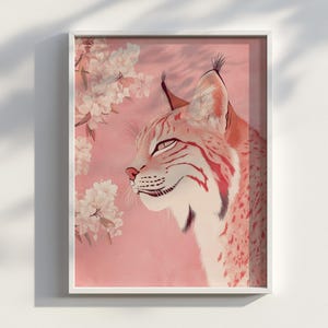 Lynx Portrait: Pink Ukiyo-e Floral Animal Art (Digital Download)