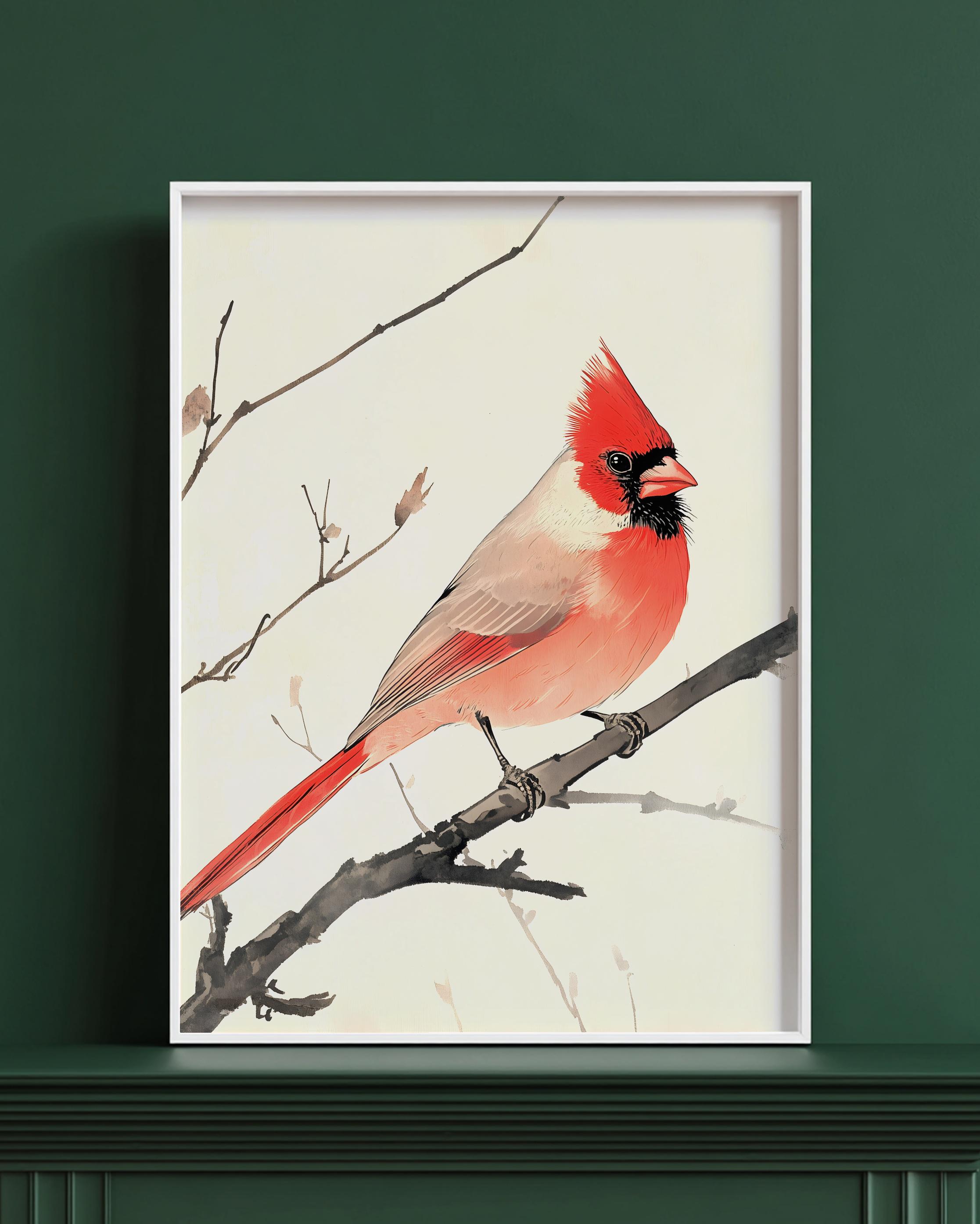 Japanese Sumi-e Cardinal Bird Painting | Zen Ink Wash Poster