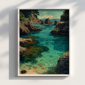 May include: A framed art print depicting a coastal scene. The artwork features a turquoise-colored cove with rocky cliffs and orange starfish in the shallows. The sky is a light blue with a few clouds. The print is in a white frame.