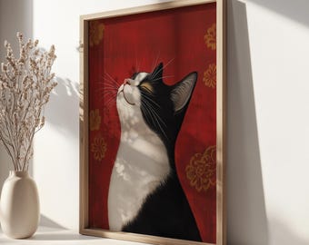 Ukiyo-E Tuxedo Cat Portrait: Joyful Floral | Digital Download | Digital Print | Digital Download Wall Art Print