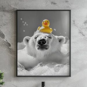 May include: A black and white photo of a polar bear taking a bath. A yellow rubber ducky is on top of the bear's head. The bear is surrounded by bubbles.