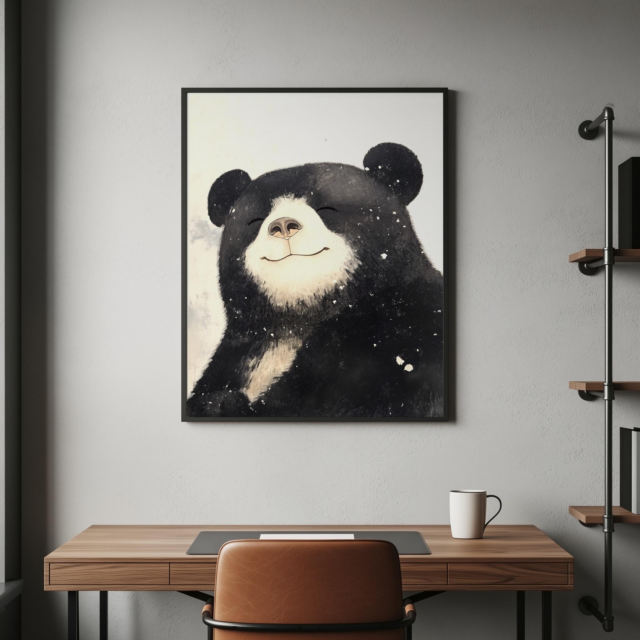 和風の笑顔の熊の木版画イラスト、穏やかな森の動物ポスター｜デジタル
