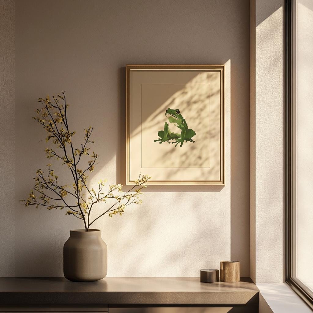 Green Frog Sumi-e Art : Japanese | Coffee Wall Art | Trendy Wall